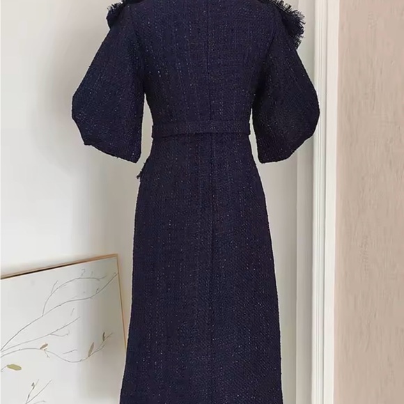 Classic Navy Tweed Women's Dress - Picture 3 of 7